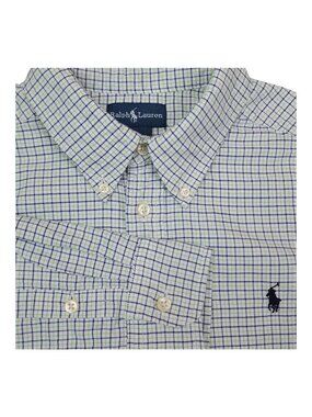 Ralph Lauren Boys Long Sleeve Button-Down Shirt L (14-16) 100% Cotton Blue Check